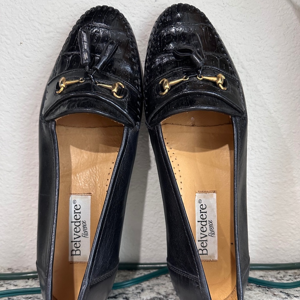 Belvedere Florence Crocodile Leather Pennyloafer Tassel Black Dress Shoes 11.5 M